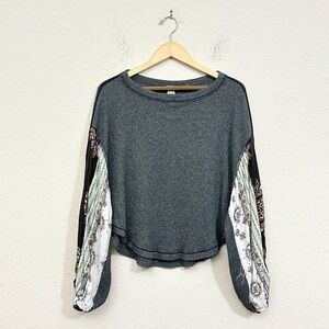 FREE PEOPLE WE THE FREE Blossom Printed Balloon-Sleeve Thermal Sweater Gray